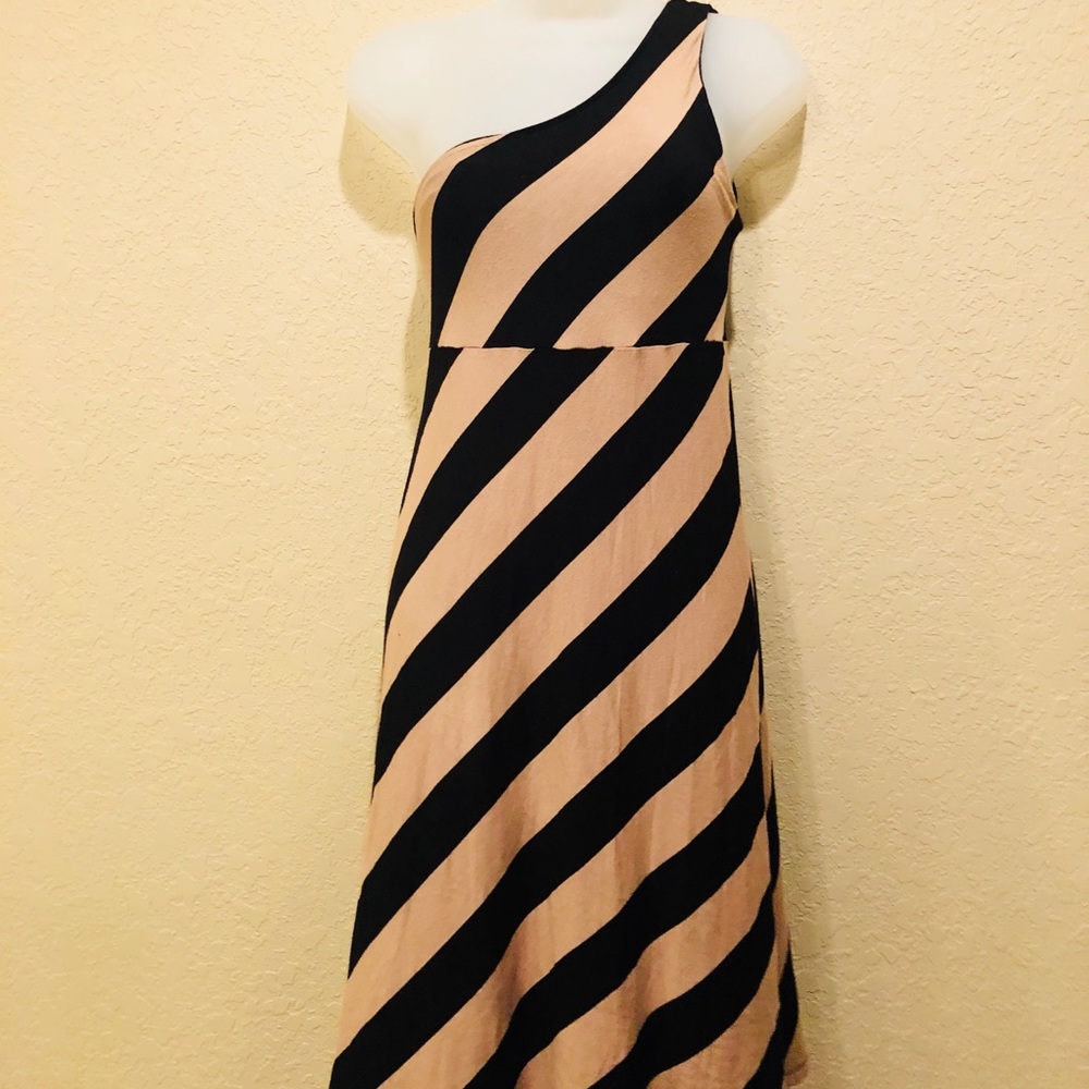{Inc}Tan/black stripe soft one-shoulder midi dress